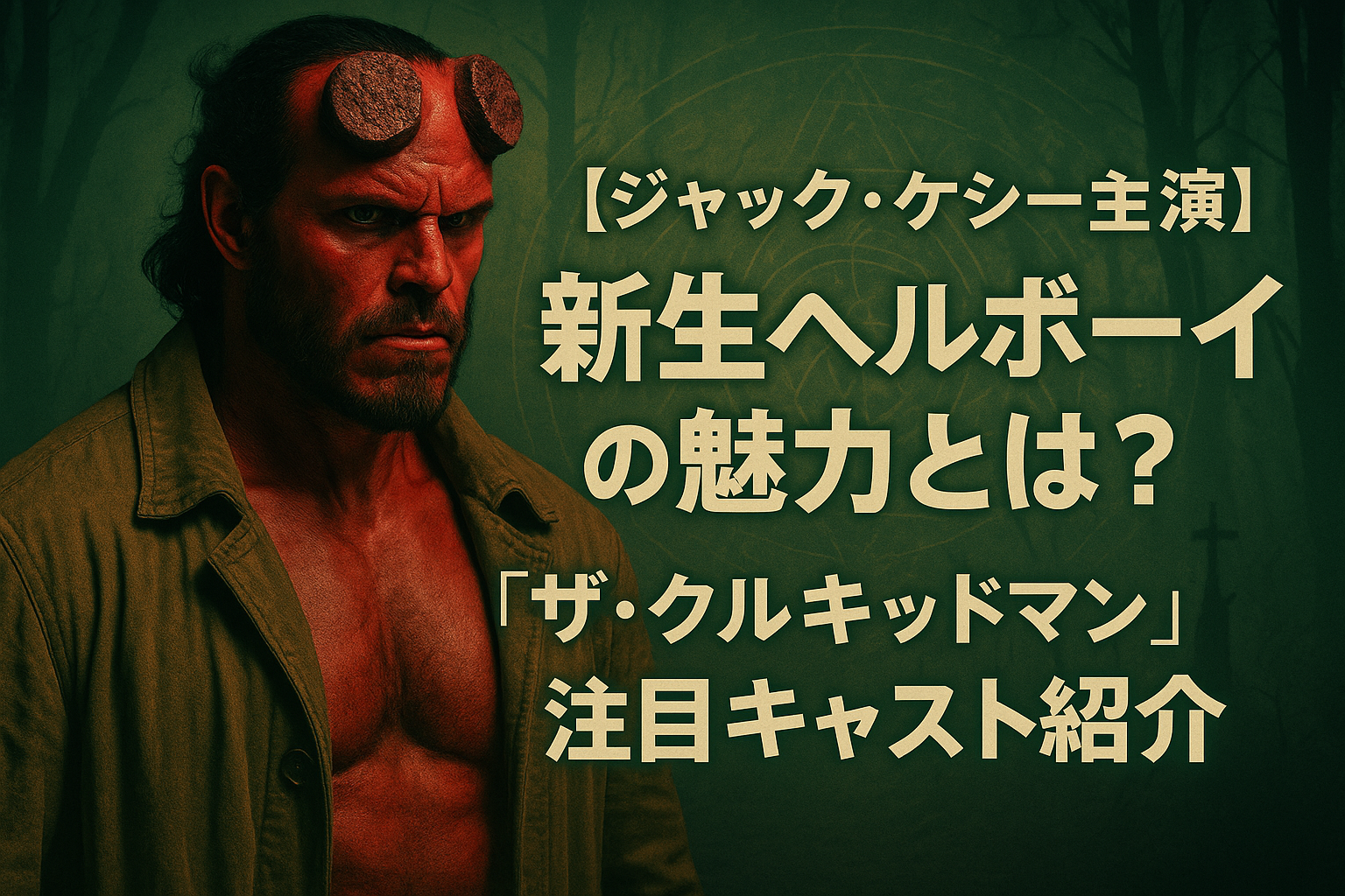 アイキャッチ画像作成 ■【ジャック・ケシー主演】新生ヘルボーイの魅力とは？『ザ・クルキッドマン』注目キャスト紹介
