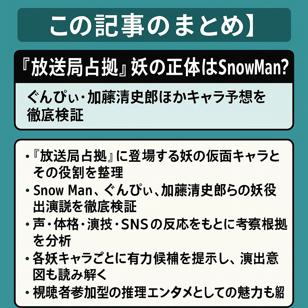 『放送局占拠』妖の正体はSnowMan？ぐんぴぃ・加藤清史郎ほかキャラ予想を徹底検証