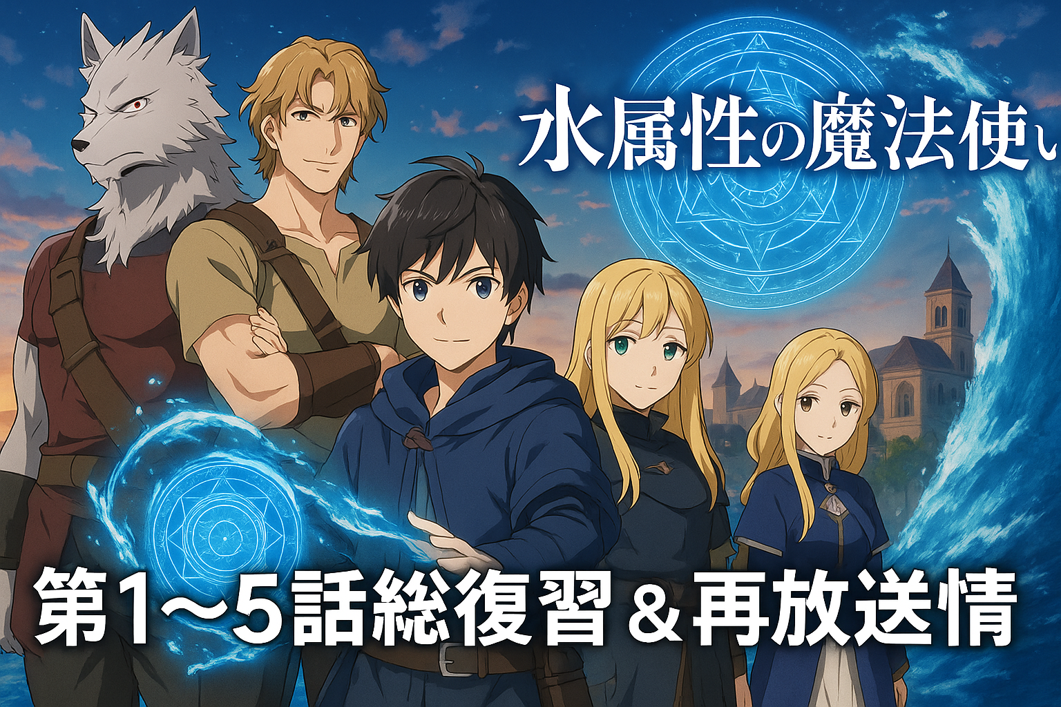 水属性の魔法使い5話までのストーリー総復習＆再放送情報 第1～5話のあらすじと物語の転機を総復習 BS11やAbemaでの再放送・見逃し配信情報 第6話以降に向けた伏線と注目ポイント 2025年7月より放送が始まったTVアニメ『水属性の魔法使い』。現在までに第5話「大海嘯」まで放送され、涼と仲間たちの異世界ファンタジーが本格的に動き出しています。 本記事では、第1話から第5話までのストーリーを振り返るとともに、BS11やAbemaなどでの再放送情報や見逃し配信の情報をまとめてご紹介します。 さらに、今後の展開に備えるための各話の見どころや放送スケジュールも整理しました。もう一度おさらいしたい方、途中で見逃してしまった方にも役立つ内容です。 第1～5話のあらすじ総復習 『水属性の魔法使い』の第1～5話は、涼の異世界転生から仲間との出会い、街での生活、そして大きな脅威の訪れまでを描きます。 序盤はスローライフ風に始まりますが、徐々に冒険と戦いの色合いを増し、5話で一つの転機を迎えます。 以下では各話ごとに簡潔に振り返り、見どころも合わせてご紹介します。 第1話「危険なスローライフ」：異世界転生と予想外の生活の始まり 現代日本から水属性魔法の才能を持って異世界に転生した涼は、のどかな田舎で静かに暮らすつもりでした。 しかし、近隣に現れる小型モンスターや、魔力を狙う盗賊との遭遇により、平穏は長く続きません。 スローライフのはずが、初日からサバイバルにという皮肉な幕開けです。 第2話「漂流者アベル」：アベルとの出会いによって物語が進行し始める 涼は海岸で遭難していた青年アベルを救出します。 アベルは別大陸出身の傭兵で、水魔法に匹敵する剣技を持つ実力者でした。 二人の出会いは、後の戦いにおける重要な協力関係の始まりとなります。 第3話「ルンの街」：街を舞台とした日常から冒険への足がかり 涼とアベルは交易の拠点ルンの街に到着。 市場やギルドでの交流を通じて、新たな情報や仲間候補と出会います。 この回では街の文化描写が多く、穏やかな雰囲気の中にも次の戦いの伏線が散りばめられています。 第4話：涼とアモンの協力によるモンスター討伐 ルン近郊に出現した大型モンスターを討伐する依頼を受けた涼は、獣人戦士アモンと組むことに。 息の合った連携で討伐に成功しますが、その過程で魔物の異常発生の兆しを掴みます。 この出来事が後の“大海嘯”の伏線となります。 第5話「大海嘯」：魔物の爆発的増加と図書館での再会、静かな転機 海沿いの村々が魔物に襲われる“大海嘯”が発生。 避難先の図書館で涼は、かつて別れた錬金術師セーラと再会します。 戦いは一旦収束するものの、物語はここから新たな局面へと移行します。 再放送・見逃し配信のスケジュール 『水属性の魔法使い』は、本放送後にも再放送や見逃し配信が充実しています。 特にBS11やAbemaでは、最新話の再放送や一挙配信が組まれており、見逃してしまったファンにも安心の体制です。 以下に最新のスケジュールを整理しました。 BS11での再放送：第5話が8月8日23時より放送 BS11では本放送の数日後に再放送枠が設けられています。 第5話「大海嘯」は2025年8月8日（金）23時から再放送されました。 この時間帯は夜間帯のため、リアルタイム視聴が難しい方にも便利です。 Abemaアニメでの一挙放送：第1～5話を8月10日13時から無料配信（TS1週間） Abemaアニメチャンネルでは、第1～5話をまとめて視聴できる無料一挙放送が実施されます。 配信日時は2025年8月10日（日）13時からで、タイムシフト視聴は1週間可能です。 一気見で物語の流れをつかむには最適な機会です。 地上波の遅延と調整：TBSでは8月8日に第5話再放送が行われた背景 TBS系列では、スポーツ中継や特番の影響で放送が遅延する場合があります。 2025年8月8日には、遅延分を補うため第5話の再放送が編成されました。 このような対応により、全国で視聴環境の格差が生じないよう配慮されています。 今後の注目ポイント 第5話「大海嘯」を経て、『水属性の魔法使い』は物語の新たな局面に突入します。 これまで描かれた仲間との関係性や伏線が、今後の展開でどのように回収されるのかが最大の見どころです。 ここでは第6話以降に向けた注目ポイントを整理します。 第5話が放つ“静かな決壊”としての物語の転機 “大海嘯”は大規模な災厄でありながら、戦闘そのものよりも人間関係や物語構造の変化に焦点が当てられました。 特に涼の内面に生じた変化が、今後の判断や行動に影響を与えることは間違いありません。 この「静かな決壊」が次の波乱のきっかけになるでしょう。 涼の錬金術研究とセーラとの再会が描く伏線 図書館での再会をきっかけに、涼とセーラは錬金術研究を再開します。 この研究は物語の核心に関わる重要な秘密を解き明かす手段となる可能性があります。 魔物の異常発生と古代魔法の関連も示唆されており、研究の成果が次章で鍵を握るでしょう。 第6話以降に期待される展開とは 次回予告や制作陣のインタビューから、第6話では新たな敵勢力の登場と、涼たちの旅立ちが描かれることが予想されます。 また、これまで断片的に語られてきた涼の転生理由や、彼の水属性魔法の特殊性についても掘り下げが進む可能性があります。 物語が大きく動く前夜、今こそこれまでの伏線を振り返るベストタイミングです。 水属性の魔法使い 1～5話までの総復習と再放送情報まとめ ここまで『水属性の魔法使い』第1話から第5話までのあらすじと、再放送・配信スケジュールをご紹介しました。 序盤はスローライフ風の穏やかな雰囲気でしたが、回を追うごとに冒険色と緊張感が増し、第5話で物語は大きな転機を迎えました。 また、BS11やAbemaでの再放送・一挙配信は、見逃した方や復習したい方にとって絶好の機会です。 特に「大海嘯」では、派手な戦闘シーンだけでなく人間関係や伏線の深化が描かれており、今後の展開への期待を高めています。 第6話以降では新たな敵や、涼の能力の秘密、錬金術研究の成果が物語を動かすカギになると予想されます。 再放送や配信を活用し、最新話に備えておさらいをしておきましょう。 この記事のまとめ 第1～5話で涼の異世界生活と仲間との出会いを描写 第5話「大海嘯」で物語が新たな局面へ突入 BS11やAbemaで再放送・一挙配信が充実 大海嘯では戦闘より人間関係と伏線の深化が焦点 セーラとの再会で錬金術研究が再開 魔物異常発生と古代魔法の関連が示唆 第6話以降は新たな敵勢力と旅立ちが予想 涼の能力の秘密や転生理由の解明に期待