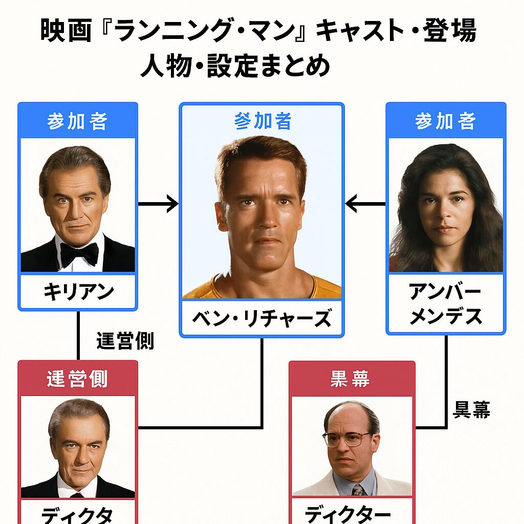 👥 映画『ランニング・マン』キャスト・登場人物・設定まとめ｜参加者・運営側・黒幕…立場と役割をわかりやすく整理（相関図付き）