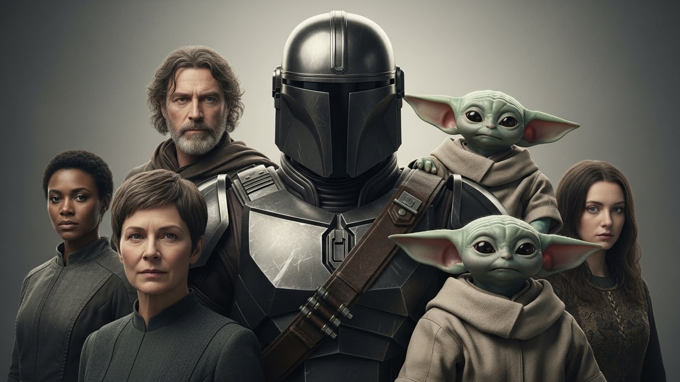 『スター・ウォーズ／マンダロリアン・アンド・グローグー』ネタバレ考察｜帝国残党との最終決戦の行方 To the right shoulder of the armored figure sits a small alien child with a very large head and extremely large, horizontally extended ears. The ears are thin, slightly translucent, with a pinkish inner tone (#E6A3A3) fading into green at the edges. The skin is smooth, pale green with subtle mottling, approximately #A8C5A0, with gentle shading around the eyes and forehead. The eyes are large, glossy, and dark brown to near-black (#2A1F1A), conveying curiosity and calm. The nose is tiny and flat, the mouth small and neutral. The child wears a thick, high-collared robe made of coarse fabric, light beige to taupe (#B8A892), with soft folds and a wool-like texture. Surrounding the central armored figure is an ensemble cast arranged symmetrically, all rendered in realistic photographic detail. In the lower foreground left stands a middle-aged woman with light skin (#E3C6AD), short straight brown hair with gray strands (#7B6F66), cut close to the head with neat bangs. Her facial features are sharp and serious, with light-colored eyes and fine wrinkles around the eyes and mouth. She wears a utilitarian green jacket (#556B4E) over a brown inner layer (#6B4F3A), suggesting a military or resistance role. Behind and around her are multiple adult humanoid figures of varied genders, all wearing practical combat or survival clothing in muted earth tones—olive greens, browns, and dark grays (#4F5A4A, #6A5D4B, #3C3F44). Hairstyles vary from short and rugged to hair tucked under caps or scarves. Several figures hold futuristic rifles and blasters, matte black and dark steel in color (#1C1F23, #2E3238), with angular sci-fi designs. Their expressions are tense and focused, bodies angled slightly outward as if guarding or preparing for conflict. In the mid and far background, small spacecraft are visible against a clean, neutral sky. The sky is a pale, desaturated beige-gray (#E7E3DA), flat and minimal, serving to isolate the characters. The ships are compact, mechanical, and angular, rendered in dark gray tones (#5B5F64), angled diagonally to imply motion. Lighting is soft but directional, with gentle highlights defining armor edges and facial contours. The overall color palette is restrained and realistic, dominated by steel grays, olive greens, browns, and muted skin tones. The composition is symmetrical and heroic, with the armored figure acting as a solid vertical axis. The art style blends high-end cinematic photography with digital illustration, resembling a modern sci-fi series promotional poster: ultra-detailed, realistic textures, shallow depth of field, and a calm yet tense atmosphere emphasizing guardianship, unity, and quiet strength.