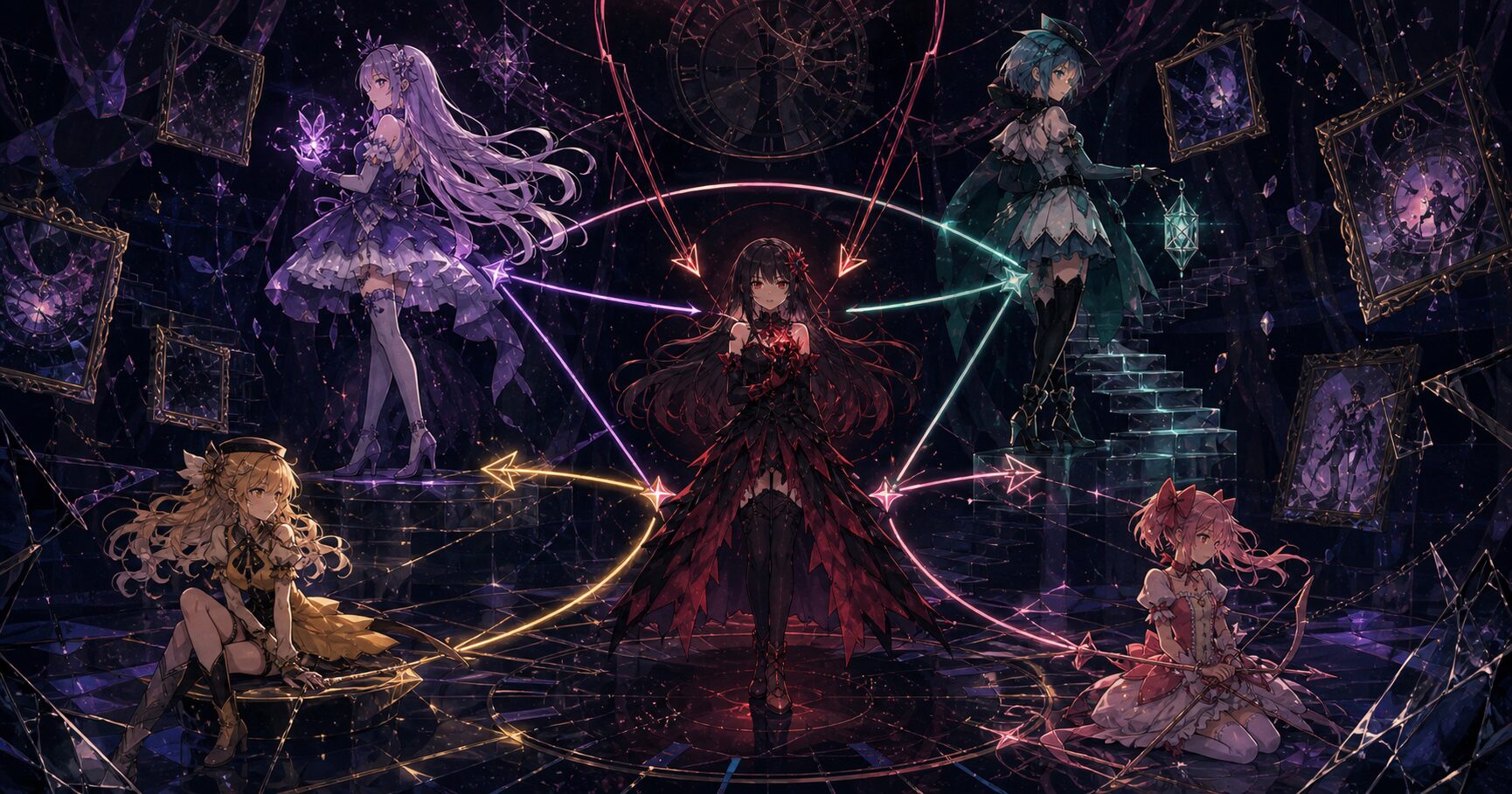 登場人物の関係性を整理するための、魔法少女モチーフのオリジナル挿絵です。