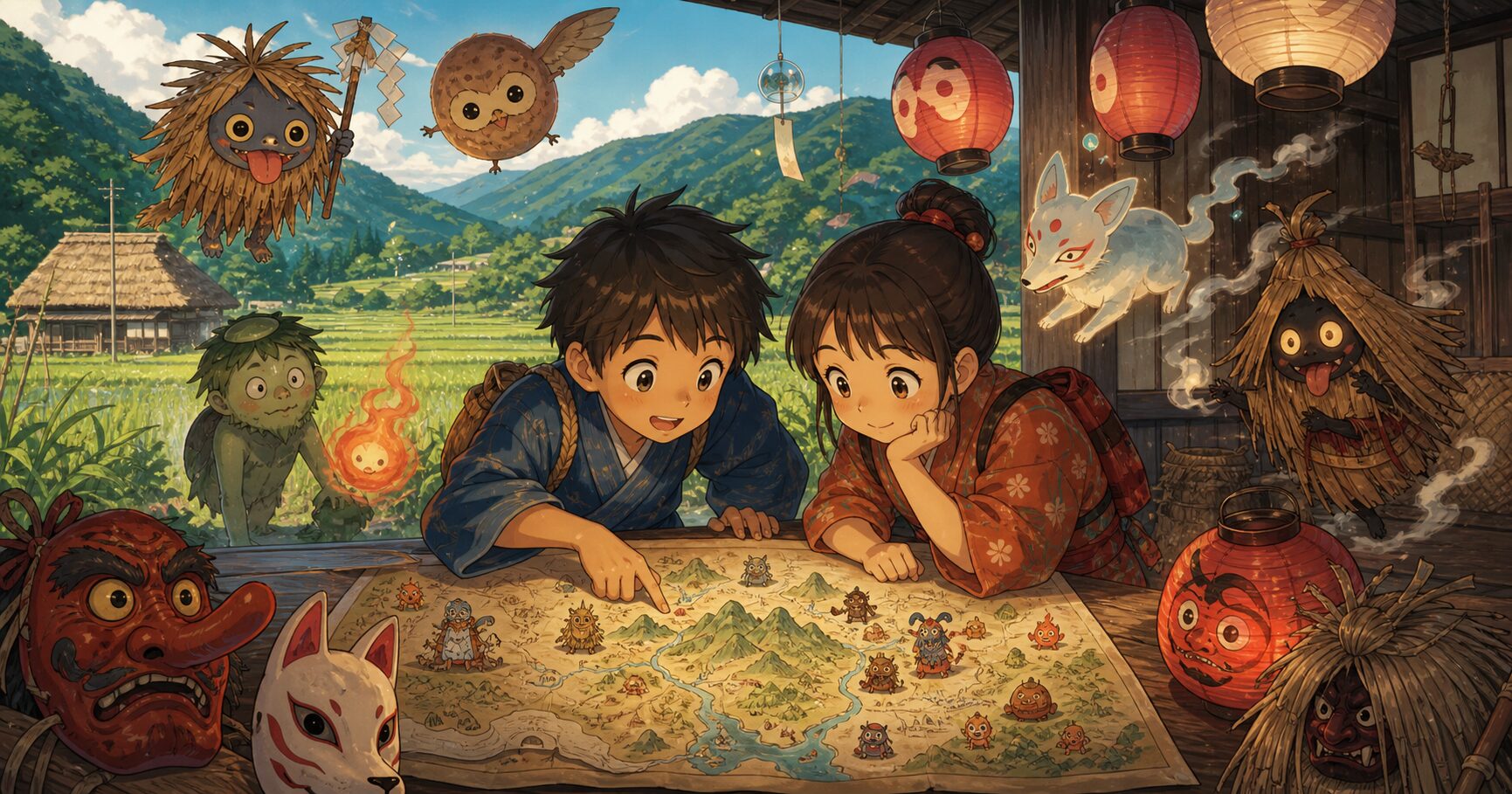 秋田、妖怪、民話モチーフを整理するためのオリジナル挿絵です。