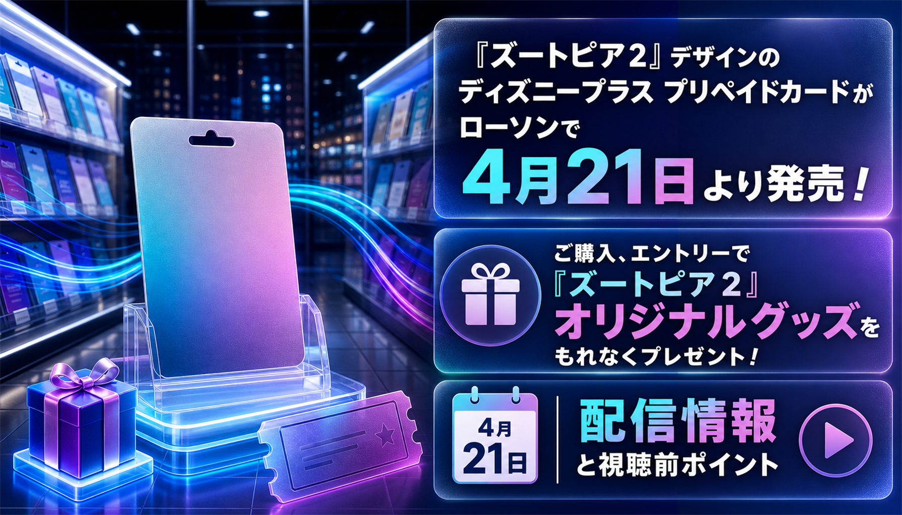 『ズートピア２』デザインのディズニープラス プリペイドカードがローソンで4月21日より発売！ご購入、エントリーで『ズートピア２』オリジナルグッズをもれなくプレゼント！｜配信情報と視聴前ポイント 本文画像1