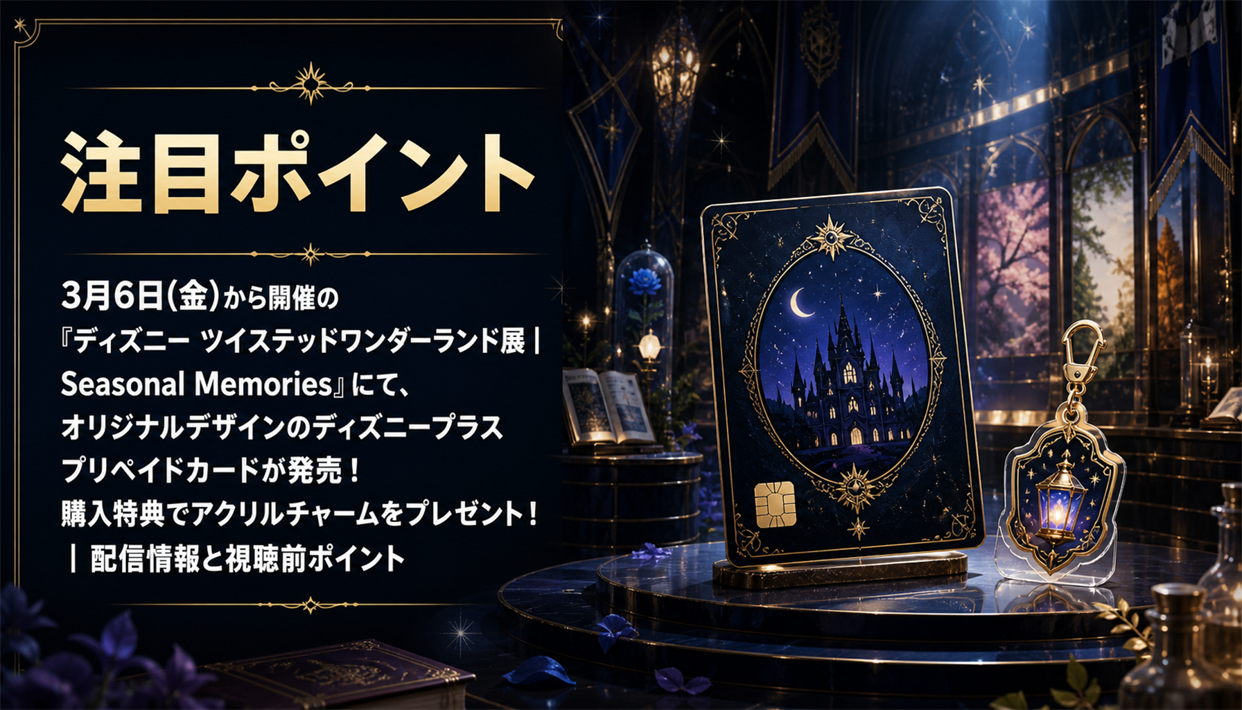 3月6日(金)から開催の『ディズニー ツイステッドワンダーランド展│Seasonal Memories』にて、オリジナルデザインのディズニープラス プリペイドカードが発売!購入特典でアクリルチャームをプレゼント!|配信情報と視聴前ポイント 本文画像2