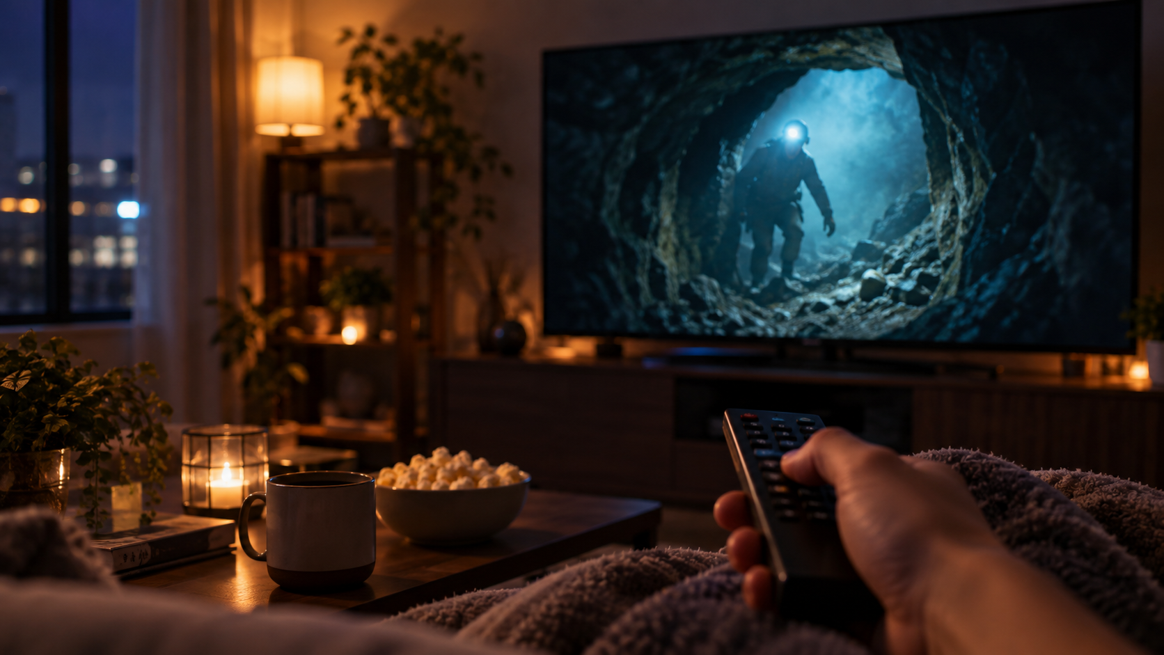 映画「DIGGER ディガー」の配信情報をイメージした自宅のテレビ視聴シーン